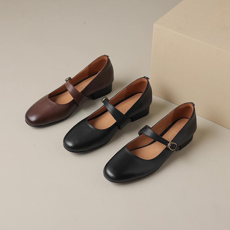 Осенние туфли из коровьей кожи с круглым носком на толстом среднем каблуке, однотонные женские туфли Мэри Джейн