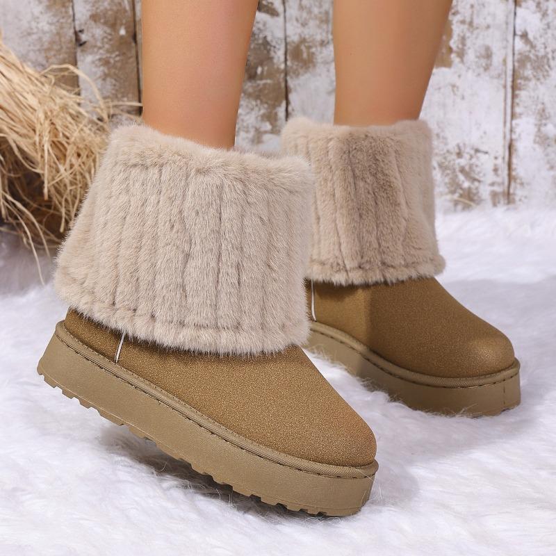 Winter Flanged Plush Thickened Snow Boots Women's Fur Integrated Warm Short Cotton Boots Thick-soled Cotton Shoes
