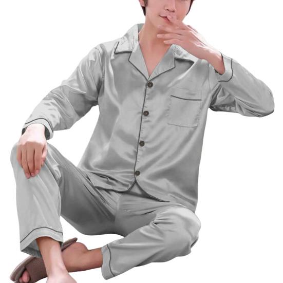 1 комплект, мужская одежда для сна, однотонная однобортная домашняя одежда с длинными рукавами, свободный пижамный комплект больших размеров из ледяного шелка для дома