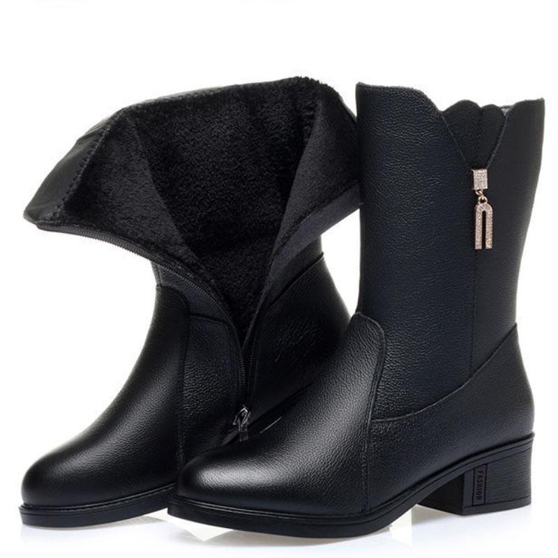 Autumn and Winter Plus Velvet Warm Soft Leather Mid-tube Boots Mid-heel Cotton Boots