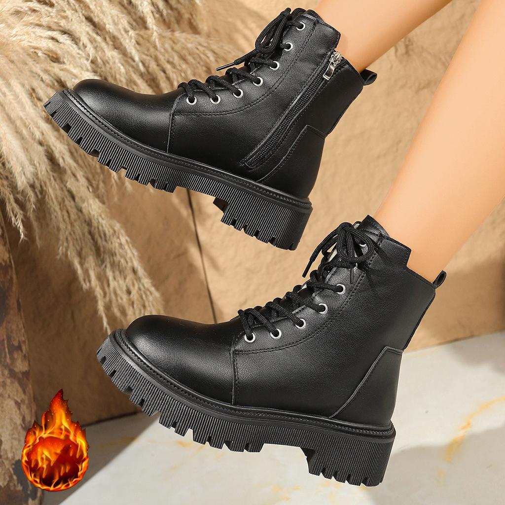 Модная женская обувь Удобные туфли на низком каблуке Кожаная обувь Модные ботинки на шнуровке на платформе Боевые ботинки Женские зимние теплые ботильоны из короткого плюша
