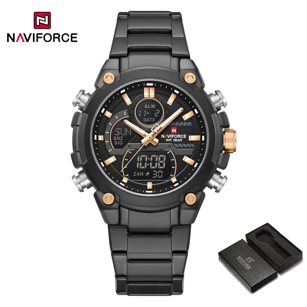 Naviforce Мужские часы с двойным временем Кварцевый механизм Цифровой ЖК-дисплей Хронограф Светящиеся стрелки Ремешок из нержавеющей стали Водонепроницаемые мужские часы NF9278