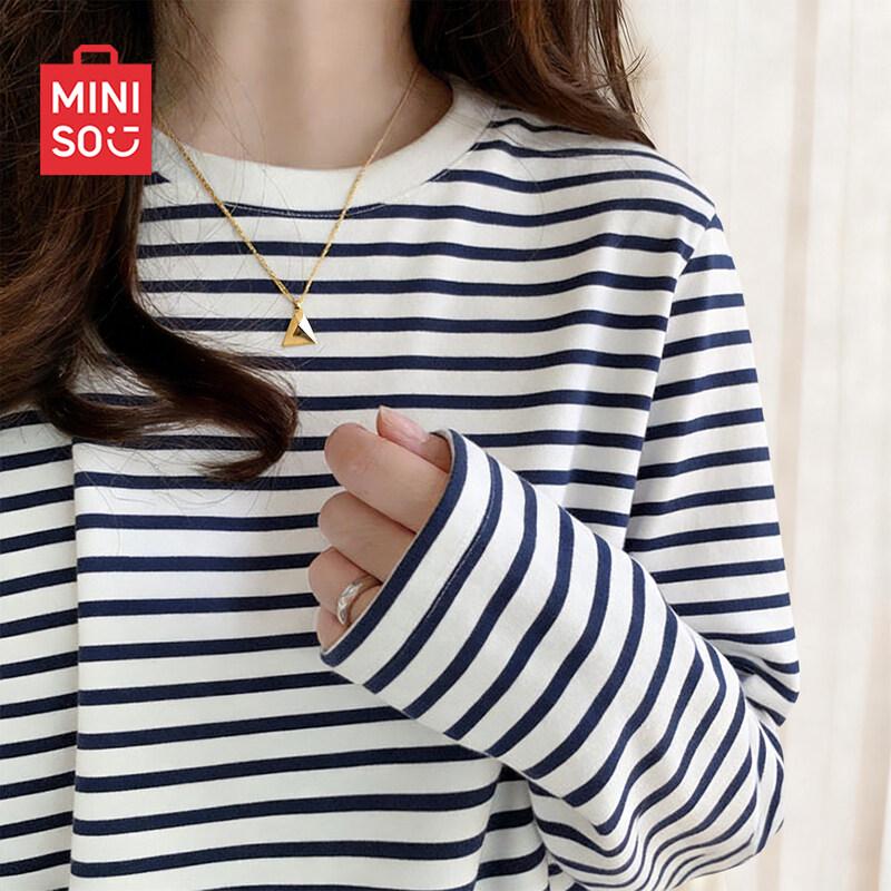MINISO Женская хлопковая полосатая футболка с длинным рукавом