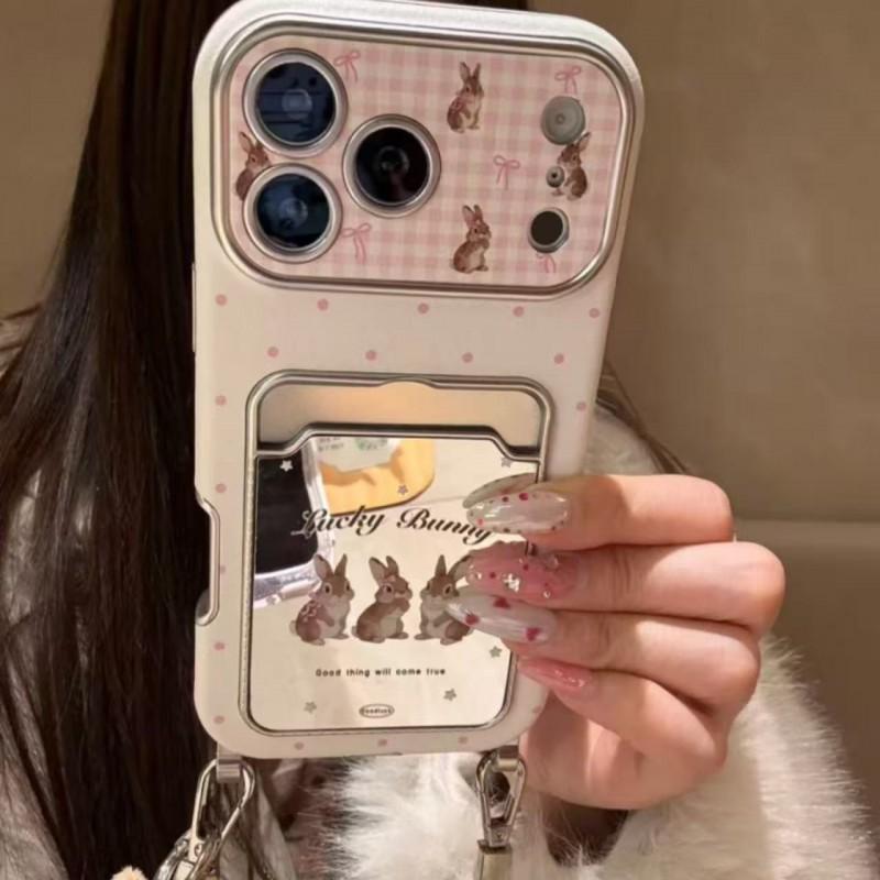 Korean Ins Cute Rabbit Mirror Card Holder Case IPhone 17 Pro Max 16 15 Silicone Full Cover