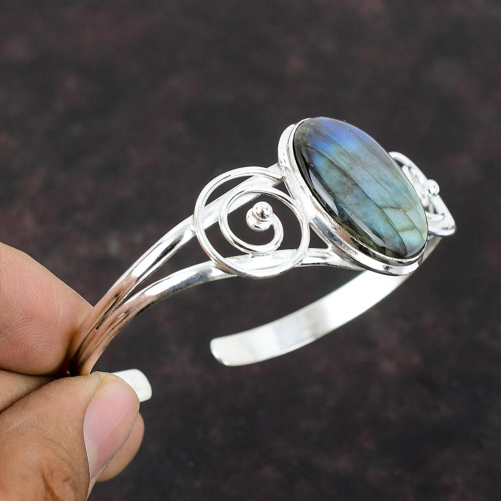 Labradorite Bangle Top Quality Gemstone Jewelry 925 Sterling Silver Cuff Bracelet Adjustable Bangle Handmade Stylish Jewelry Gift For Mother