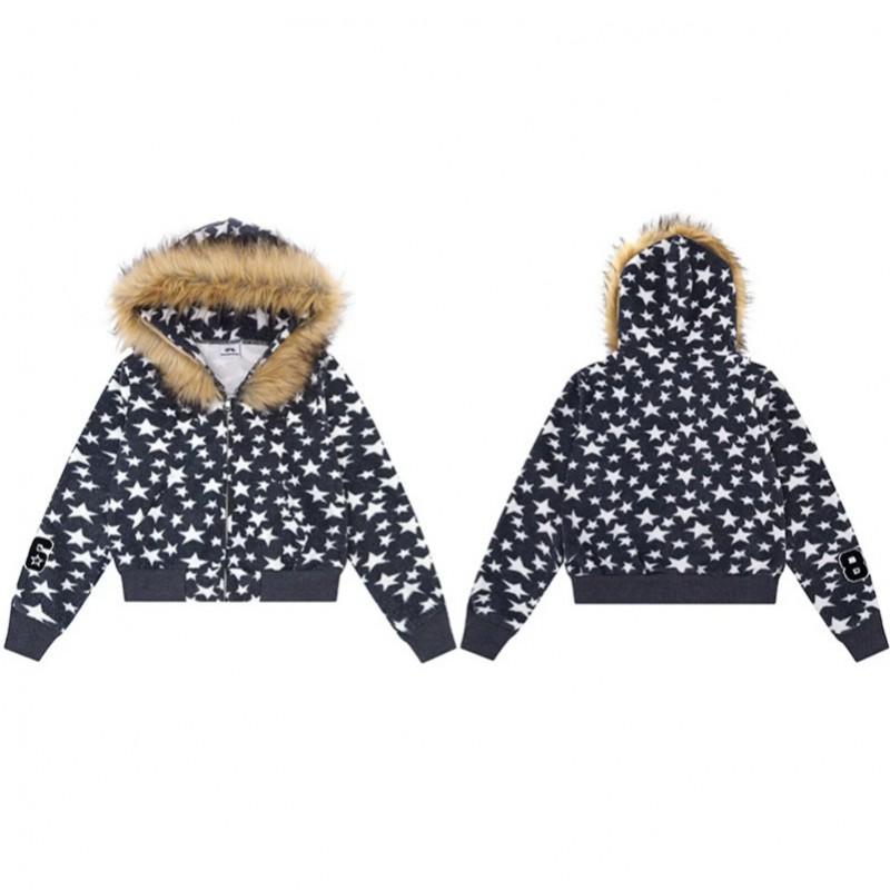 American Retro Star Print Hooded Sweatshirt Loose Zip Up Jacket Streetwear