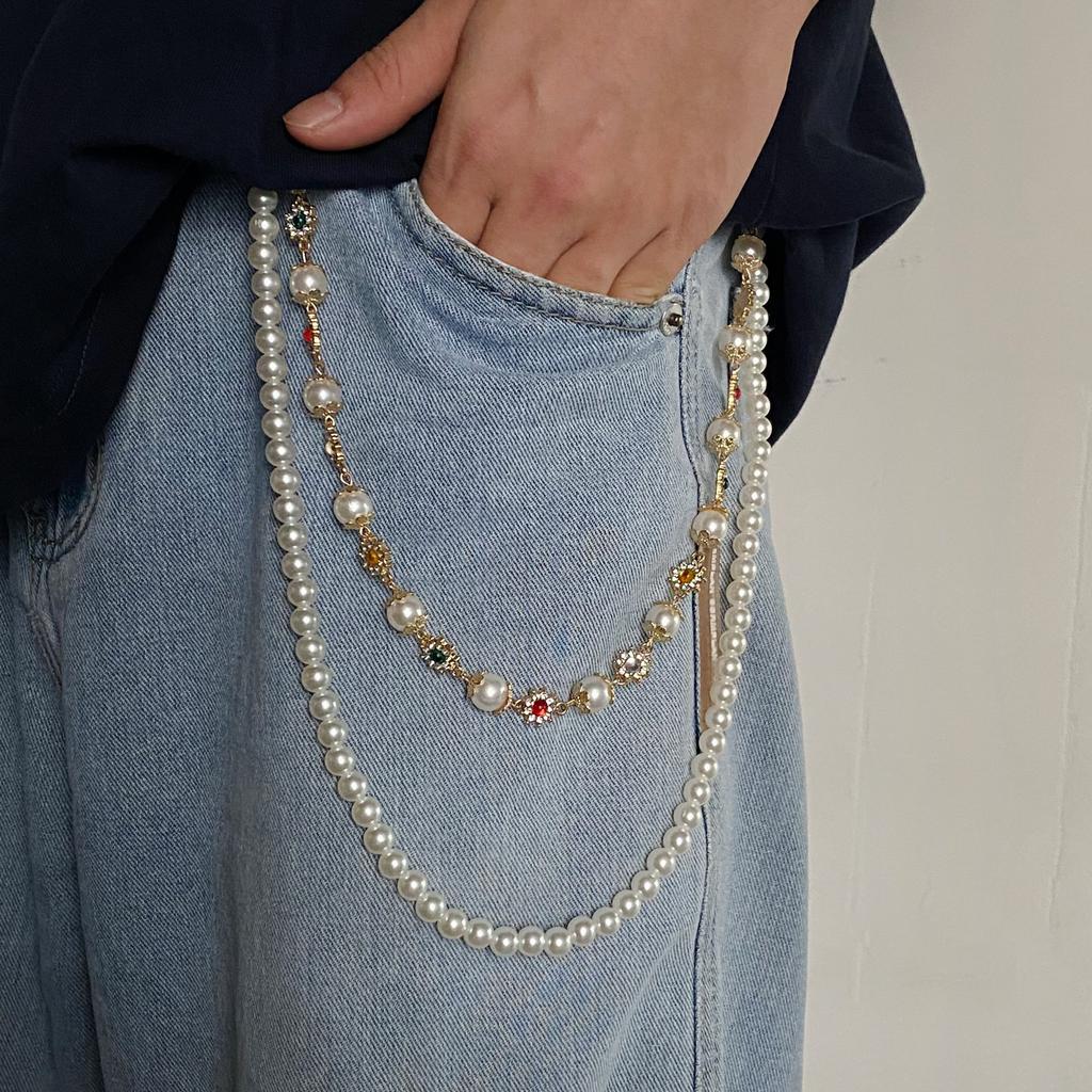 Punk Colorful Zircon Cross Pendant Pants Chain for Women Men Gothic Multi Layer Imitation Pearl Chain Waist Chain Jeans Jewelry