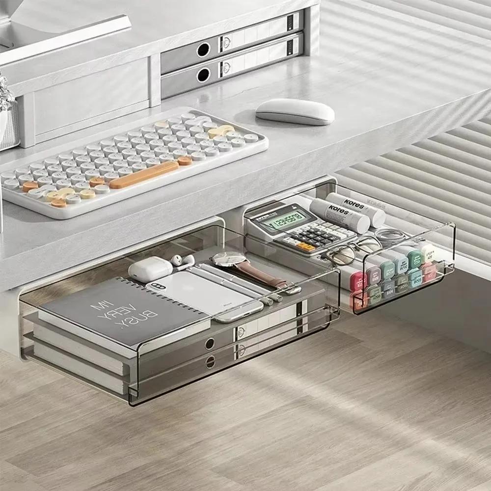 Скрытые под столом ящики для хранения Прозрачные ящики для ящиков Самоклеящиеся офисные столы Домашний пластиковый органайзер Шкафчик