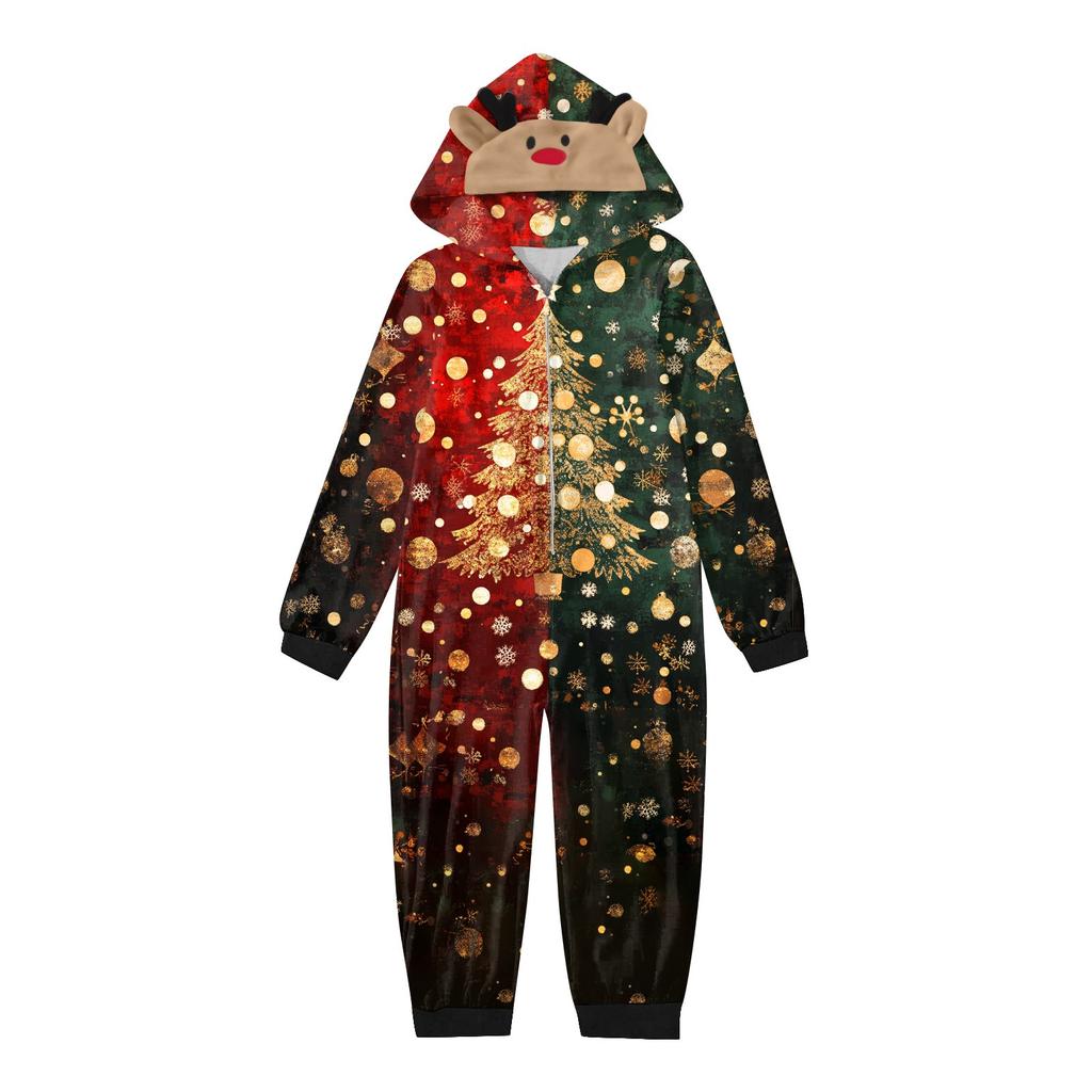 Christmas Print Family Matching Hooded Long Sleeved Zippered Jumpsuit Set