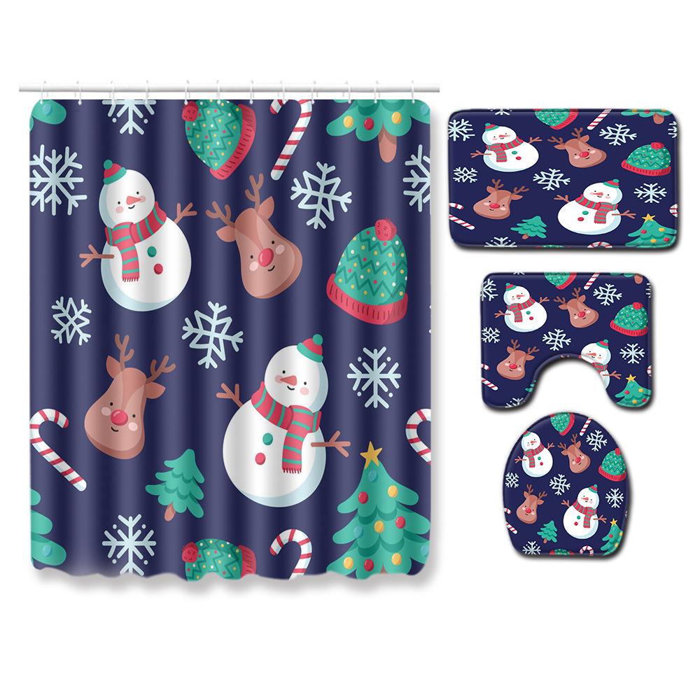 3D Printed Christmas Waterproof Shower Curtain Toilet Four-Piece Combination Set Household Doormat Floor Mat Carpet