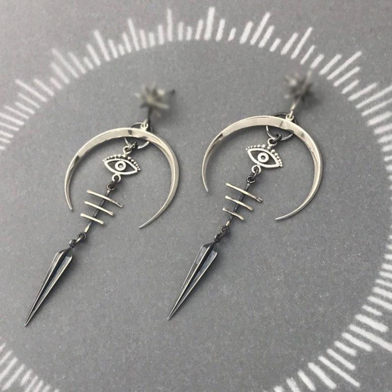 Gothic Devil's Eye Punk Earrings Halloween Accessories Ancient Silver Moon Metal Long Earrings