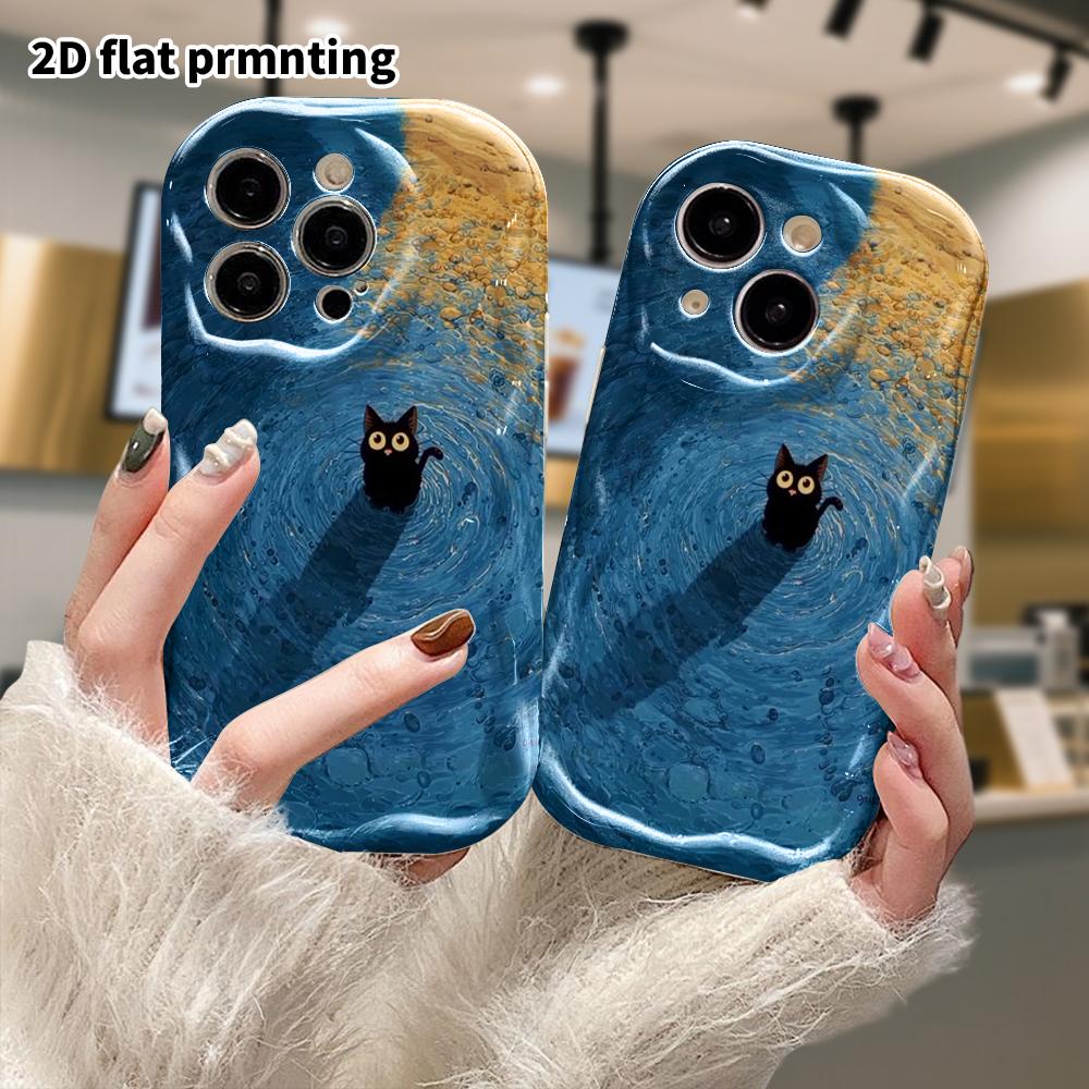 Phone case: 2D flat design, fits iPhone 12 to 18 Pro, phone decoration, little black cat in shallow water, Halloween and Christmas gift