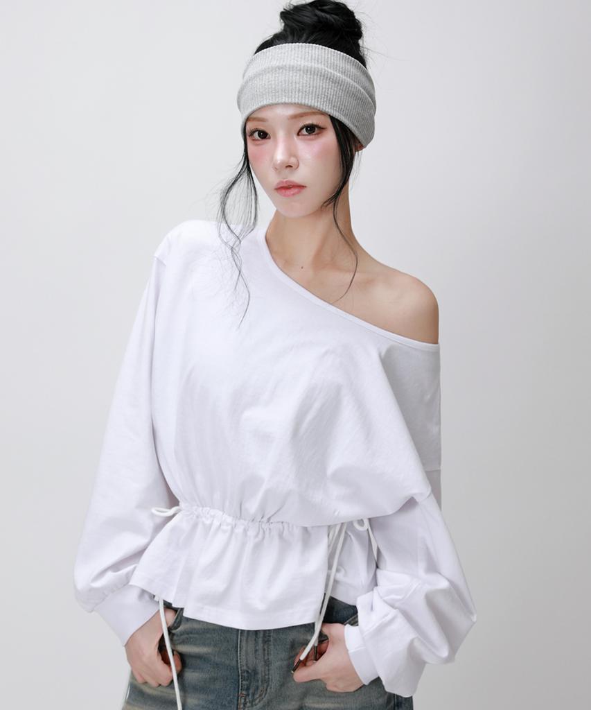 LIKE THE MOST Off-Shoulder String Sweat Top_White