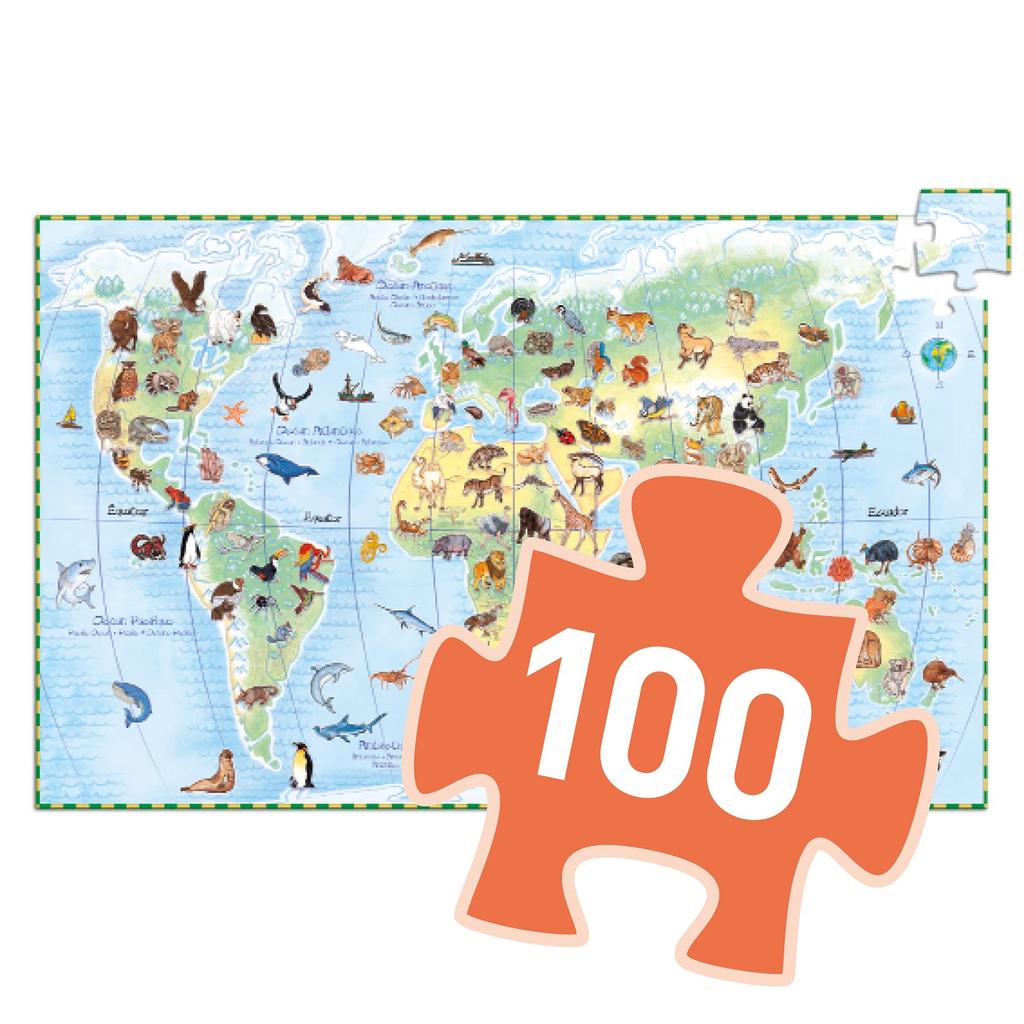 DJECO Observation Puzzle, World Animals, 100-Piece Jigsaw Puzzle, World Map, Animal Hunting Picture Book, Montessori Style, Ages 4, 5, 6, 7, Boys and
