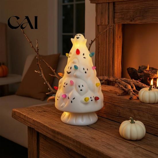 Halloween Window Display Props Tree Decorations, Lighted Resin Figurine with Pumpkin Black Cat Handcrafted Ornament Ghost, Battery-Powered Tabletop