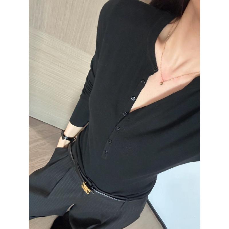 Button half open neck ice silk knitted long-sleeved shirt women's summer thin soft waxy slim slim bottom top