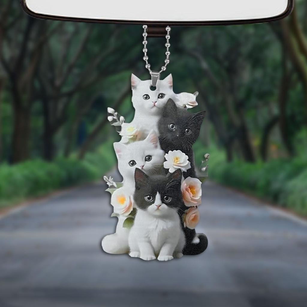 Cute Cat Car Mirror Hanging Accessories - 2D Flat Acrylic Kitten Christma Tree Ornament Decoration Car Rear View Mirror Charm - Car Interior Rearview