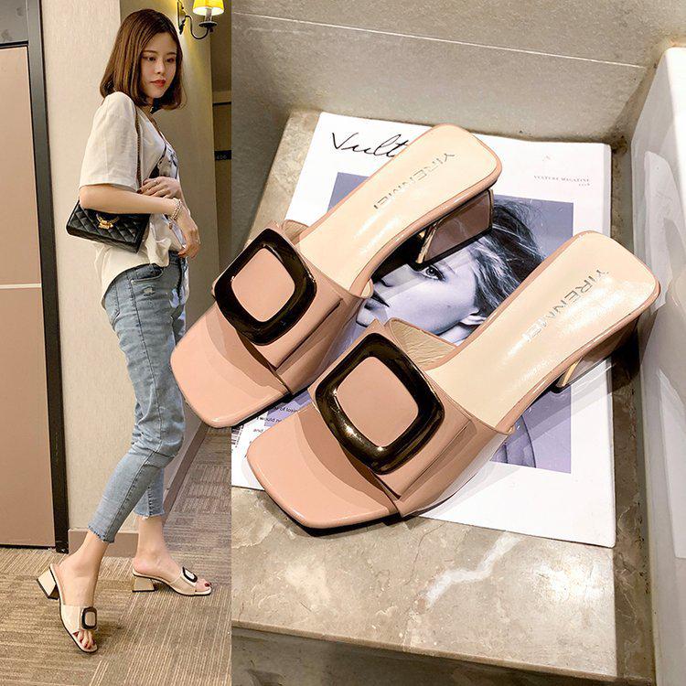 Square Buckle One-piece Outer Wear Thick Heel Sandals Mid Heel Slippers