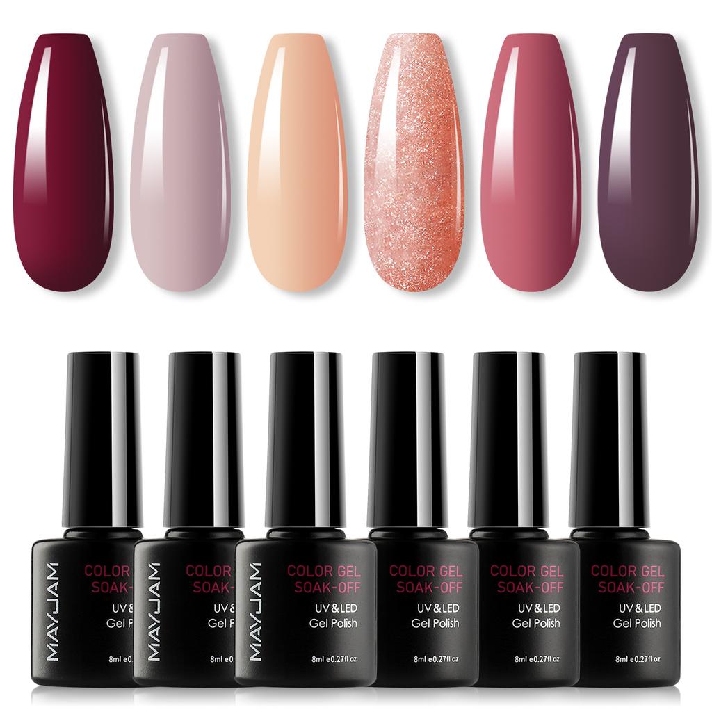 MAYJAM 6 шт., осенне-зимний набор гель-лаков для ногтей, замачиваемый УФ-лампа для ногтей, желтый, оранжевый, коричневый, серый гель-лак для выходного дня, гель-лак для ногтей, маникюрный набор