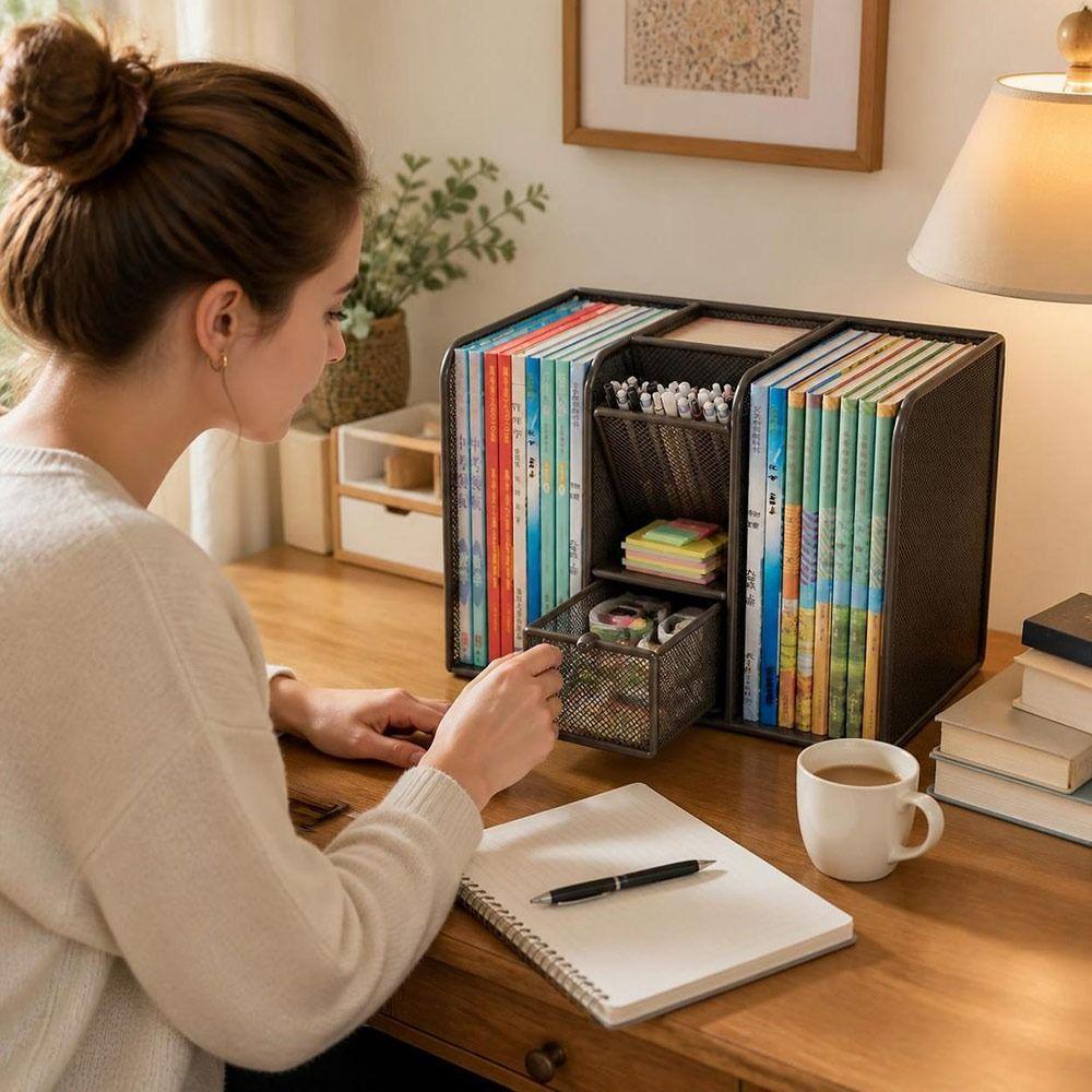 Metal Book Storage Rack Mesh Structure Book Storage Shelf Desk Book Rack Desktop File Organizer