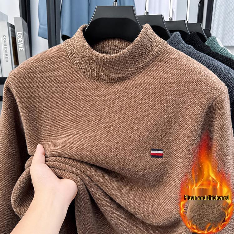 Men's Fleece-Lined Knit Sweater with Half-High Collar and Integrated Fleece Inner Warm Top