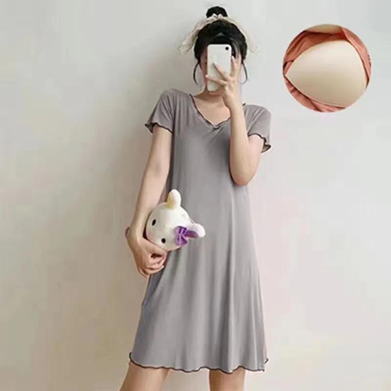 WTEMPO Ночная рубашка из модала с бюстгальтером, женская летняя тонкая свободная пижама с короткими рукавами, большие размеры, однотонная повседневная домашняя одежда