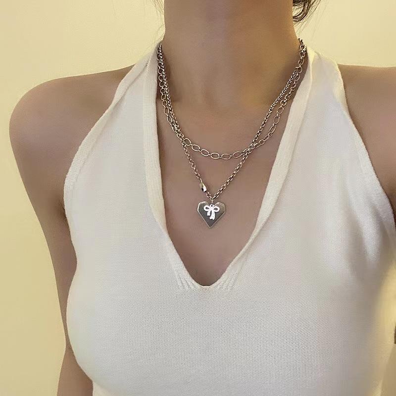 Двойное ожерелье Love Bow Niche Cold Style Hip Hop Babes Neck Chain из титановой стали, аксессуары для женского прилива