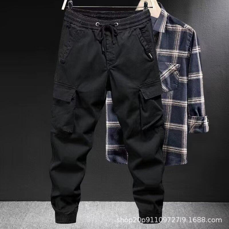 Casual Overalls Men's Spring and Autumn Loose Tied Feet Multi-pocket Solid Color Overalls Men
