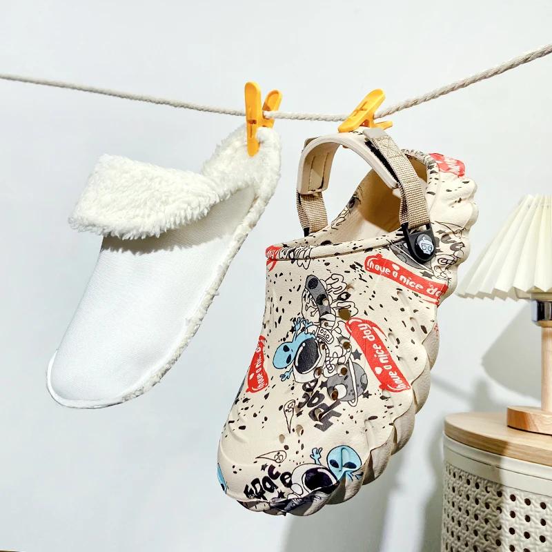 Зимние мужские тапочки-сабо, теплые, пушистые, мягкие, для дома, хлопковая обувь, шлепанцы из ЭВА, повседневные, удобные, плюшевые, меховые сандалии для улицы