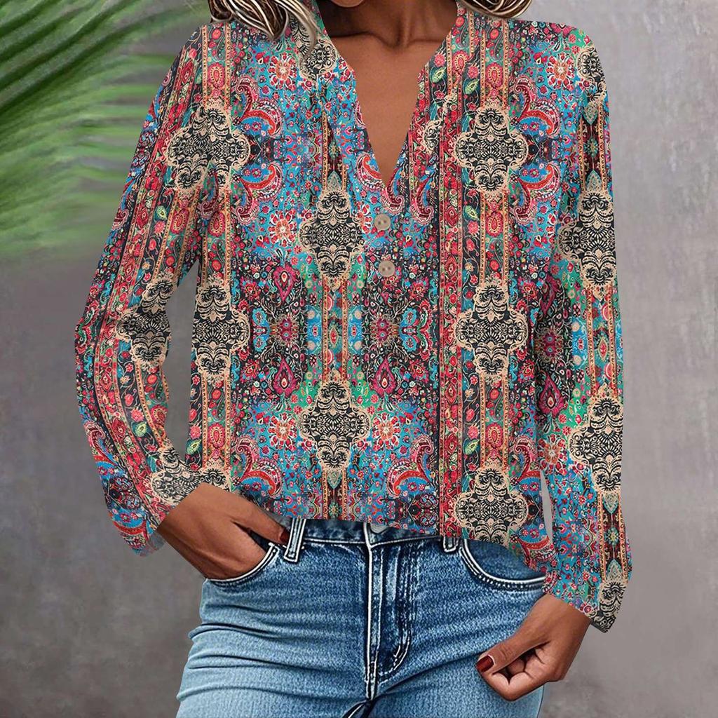 Women's Fashionable And Casual Shirt Long Sleeve V-neck Button Printed Blouse Top