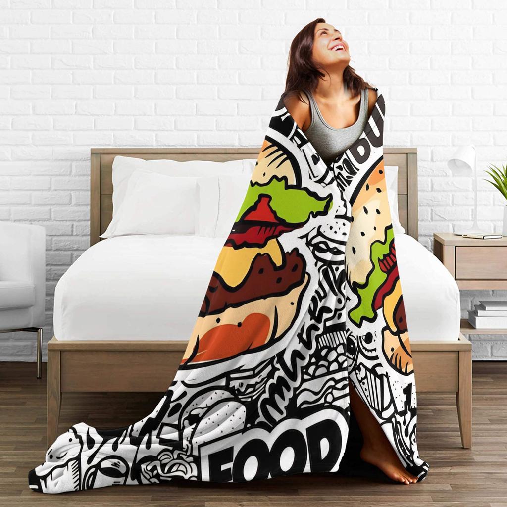 Poster Fast Food Cooking Hamburger Blanket Flannel Textile Decor Multifunction Super Soft Throw Blanket for Bedroom