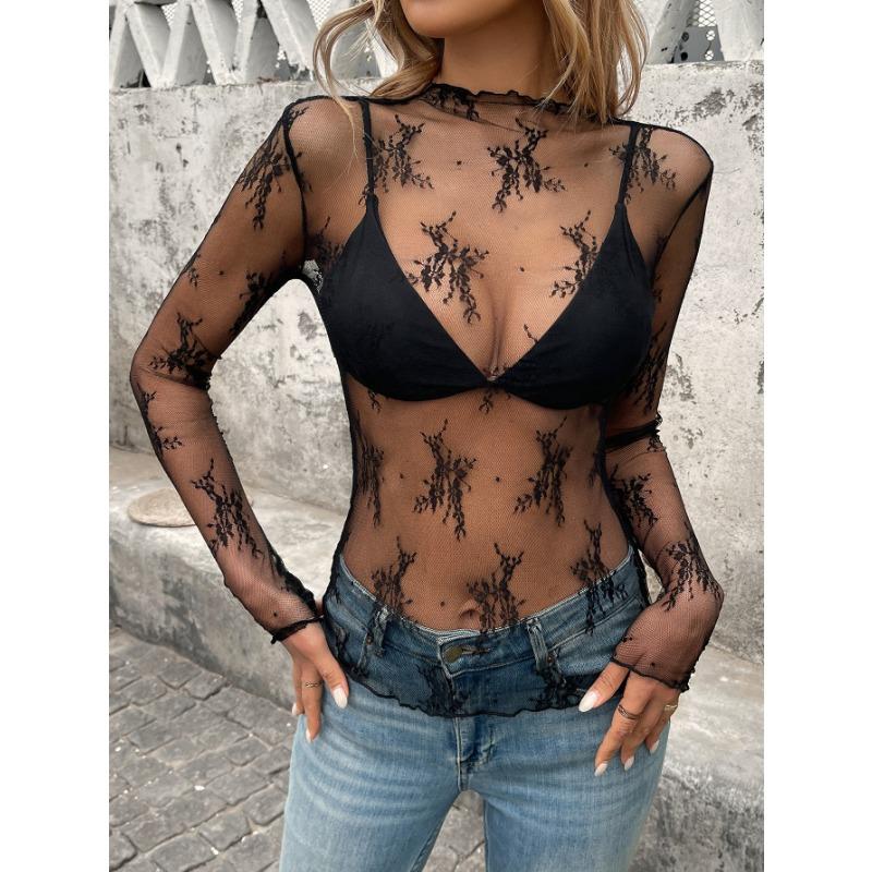 Women Half Turtleneck Lace Floral Mesh Slim Fit Long Sleeve Base Top