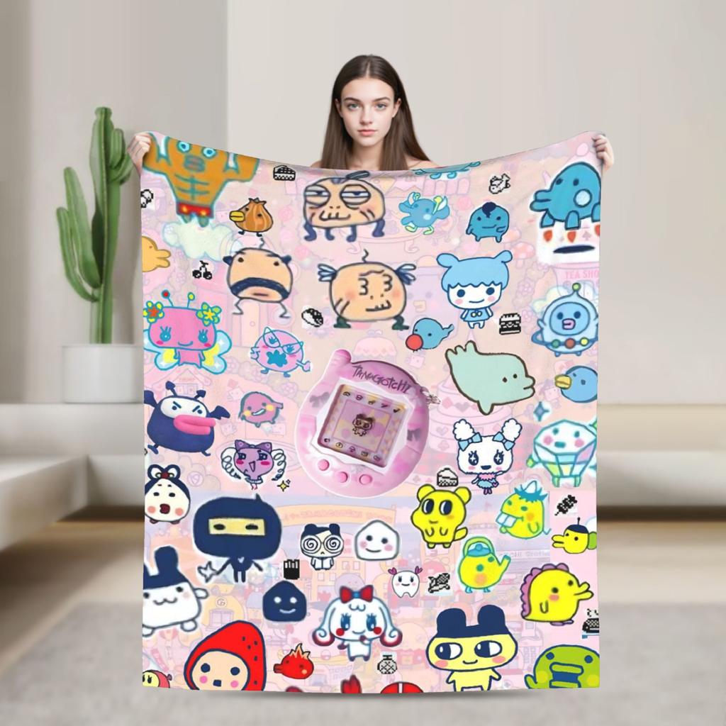 Tamagotchis Cartoon Blankets Kawaii Game Flannel Vintage Warm Throw Blankets for Home Autumn/Winter