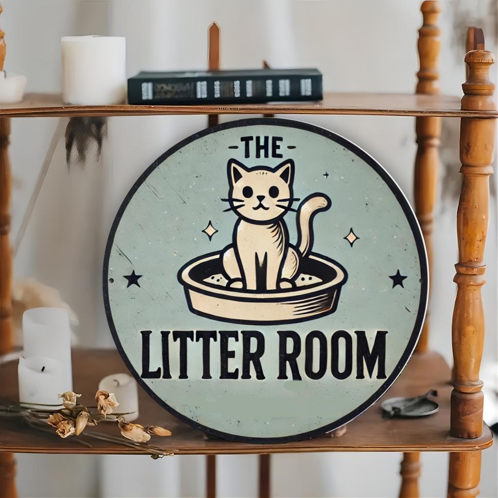 Round Cat-Themed Aluminum Metal Sign "The Litter Room" - Handcrafted Foil Engraved Wall Art for Home, Dorm, Bar, Cafe, Pool,