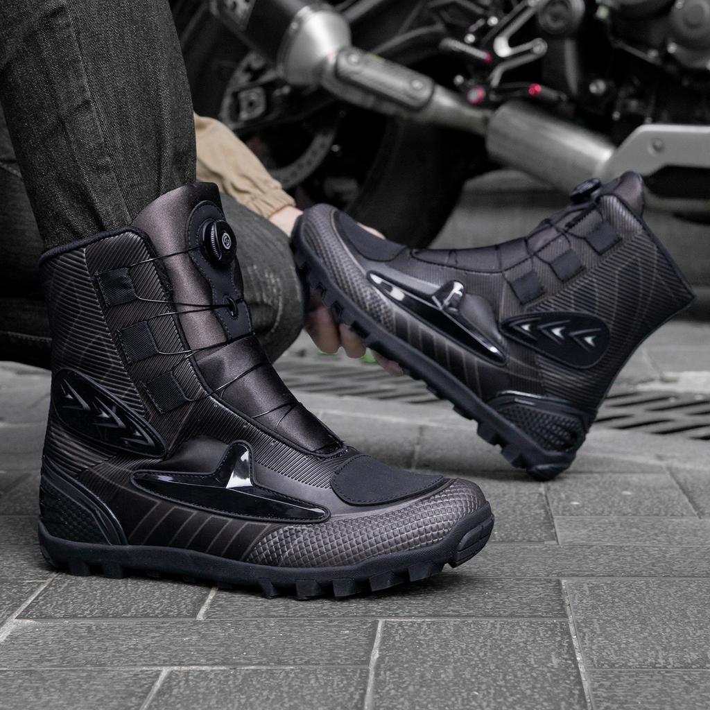 Unisex Dark Tone Protective Protective Motorcycle Shoes High Top Riding Boots Reinforced Sole Biker Outdoor Travel Footwear