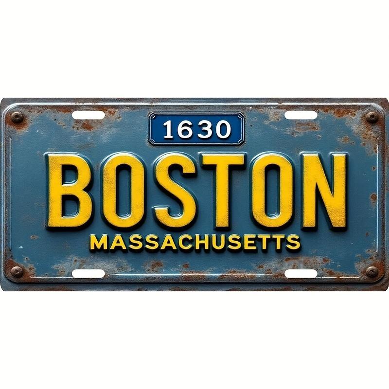 D Flat Boston Massachusetts Aluminum License Plate Rustic Blue Yellow Vintage Design with BOSTON MASSACHUSETTS Text