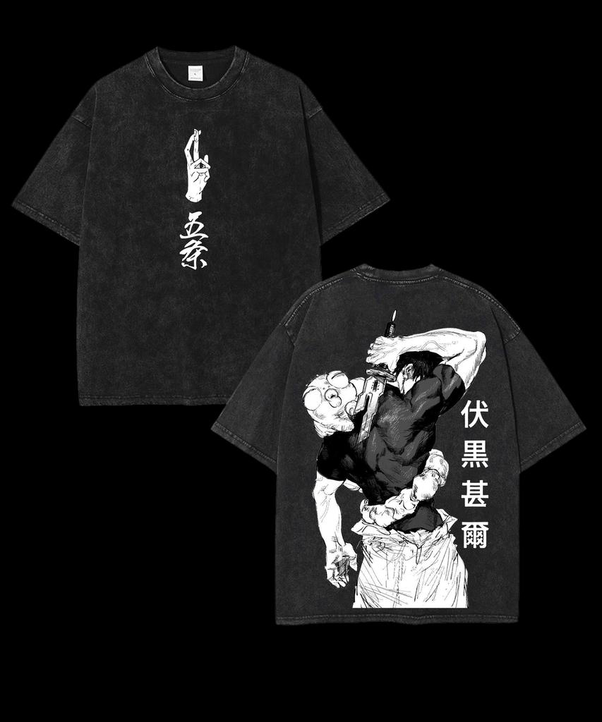 Vintage Washed Jujutsu Kaisen T Shirt Double Sided Print Toji Fushiguro & Gojo Satoru Graphic Oversized Loose Cotton Anime Tees