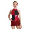 Girls Color Block Latin Dance Leotard Shiny Sequins Tassel Halter Sleeveless Backless Bodysuit Performance Costume