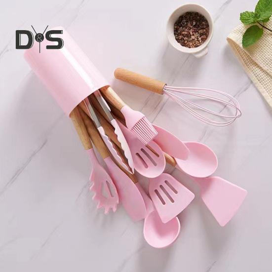 12 шт. силиконовый кухонный набор, лопатка, ложка, антипригарная жаропрочная кухонная утварь с деревянными ручками, ведро для хранения всей кухонной утвари
