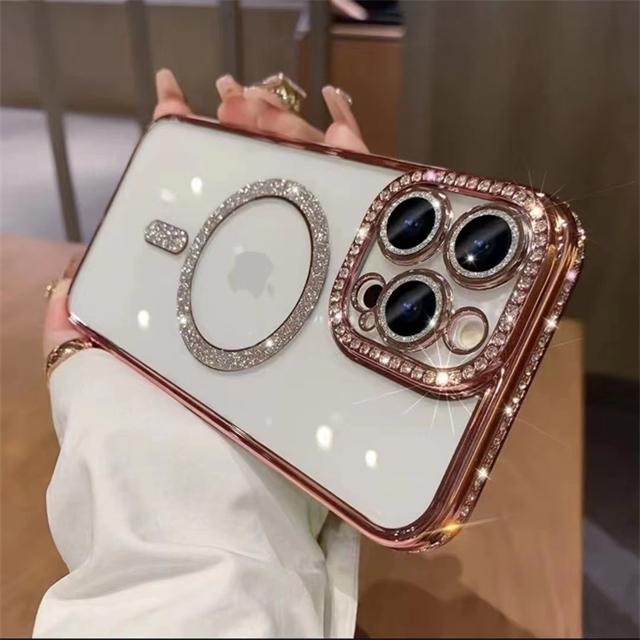 Роскошный магнитный чехол Magsafe с гальваническим покрытием и бриллиантами для iPhone 16E Pro Max для iPhone 11 12 13 14 15 Plus, чехол со стразами