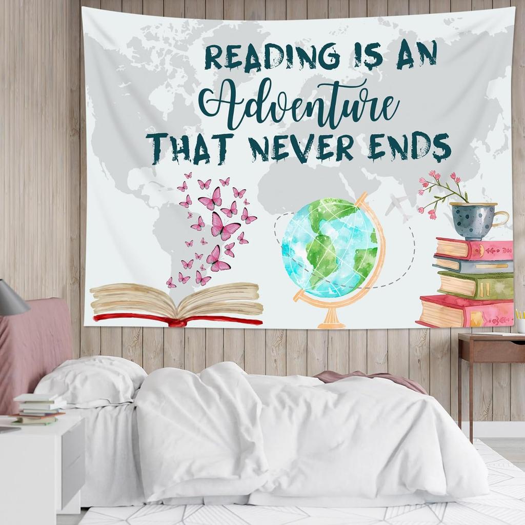 Classroom Reading Tapestry Pink Butterfly and World Map with Inspirational Quotes Tapestries Bedroom Aesthetic Preppy Tapestry