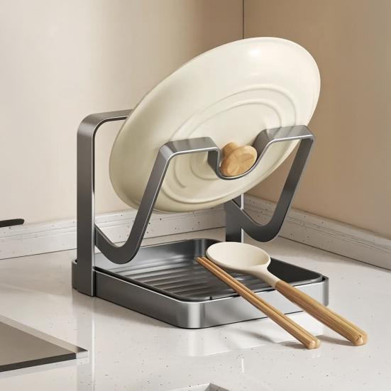 Держатель крышек для кастрюль на столешницу во время готовки, кухонный органайзер для крышек кастрюль с подставкой для ложки, стойка для хранения крышек сковородок из углеродистой стали с поддоном для капель для крышек кастрюль