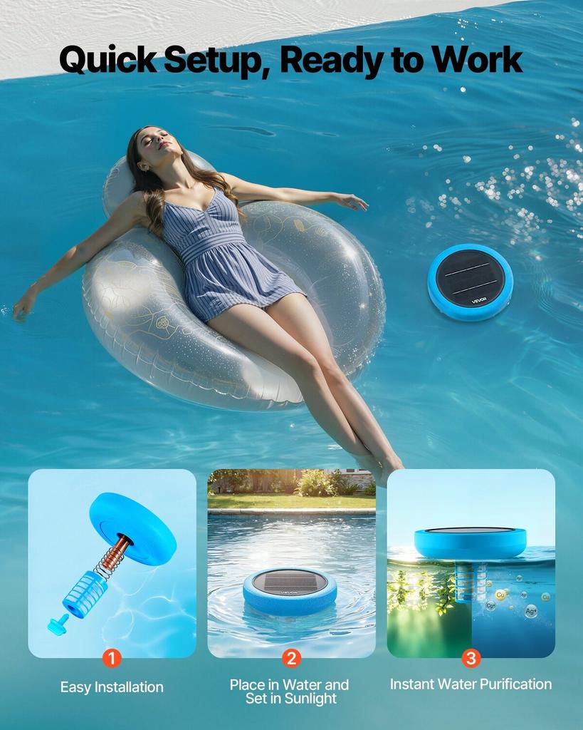 Solar Pool Ionizer, Round Copper Pool Ionizer Up to 132489 L, Floating Automatic Water Cleaner and Purifier, Chlorine Free Water, with Copper Anode,
