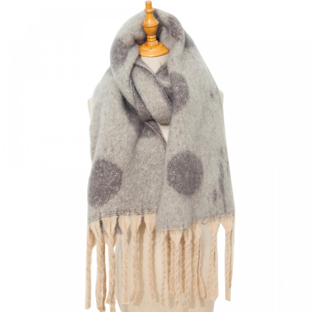 Женская теплая шаль осень-зима толстый кисточкой цветной шарф в крупный горошек