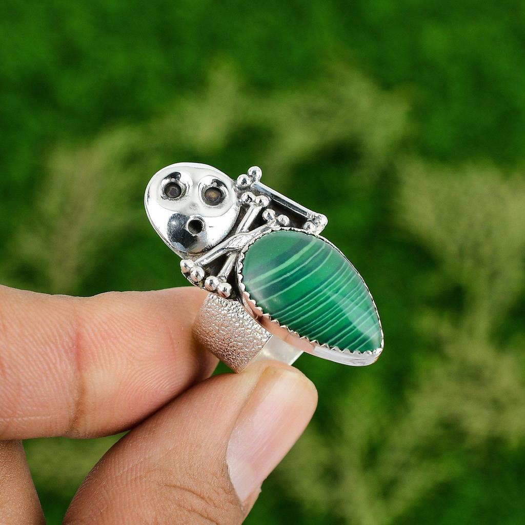 925 Silver Natural Russian Malachite Promise Skull And Bone Adjustable Ring