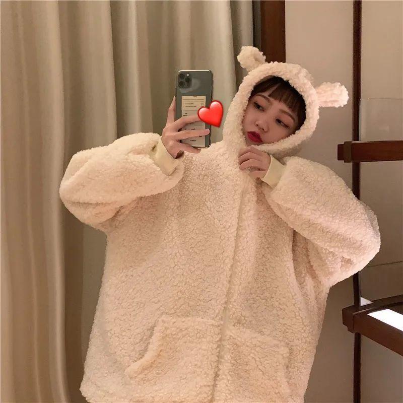 Harajuku Kawaii Zipper Hoodie Women Sweatshirt Japanese Frog Thick Oversized Lambs Wool Coats Trend Warm Winter Clothes