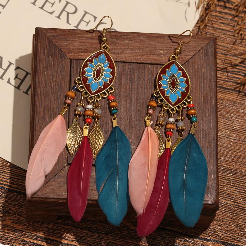 High-Value Feather Earrings Bohemian Long Tassel Photo Women'S Ear Hooks Personalized Earrings