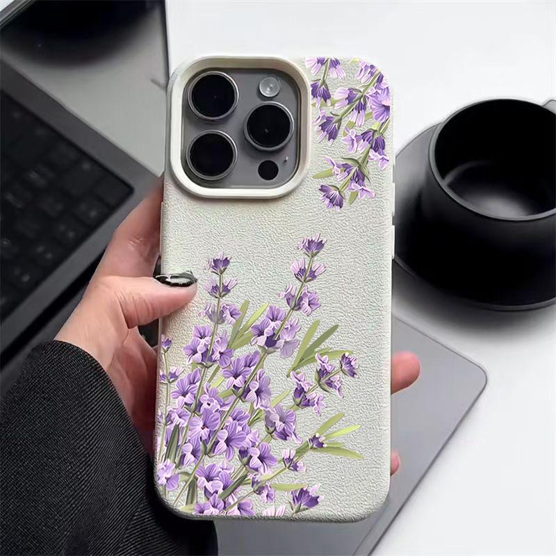 Матовый кожаный противоударный чехол для iPhone 16 Pro Max 15 14 Pro 13 12 11 фиолетовый цветочный узор тонкий мягкий бампер из ТПУ