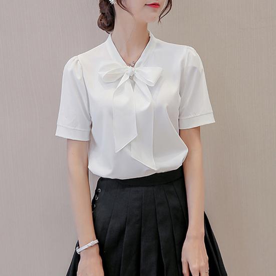 Весенне-летняя женская рубашка с бантом на шнуровке, топы с длинным рукавом, однотонная, повседневная шифоновая блузка, рабочая одежда