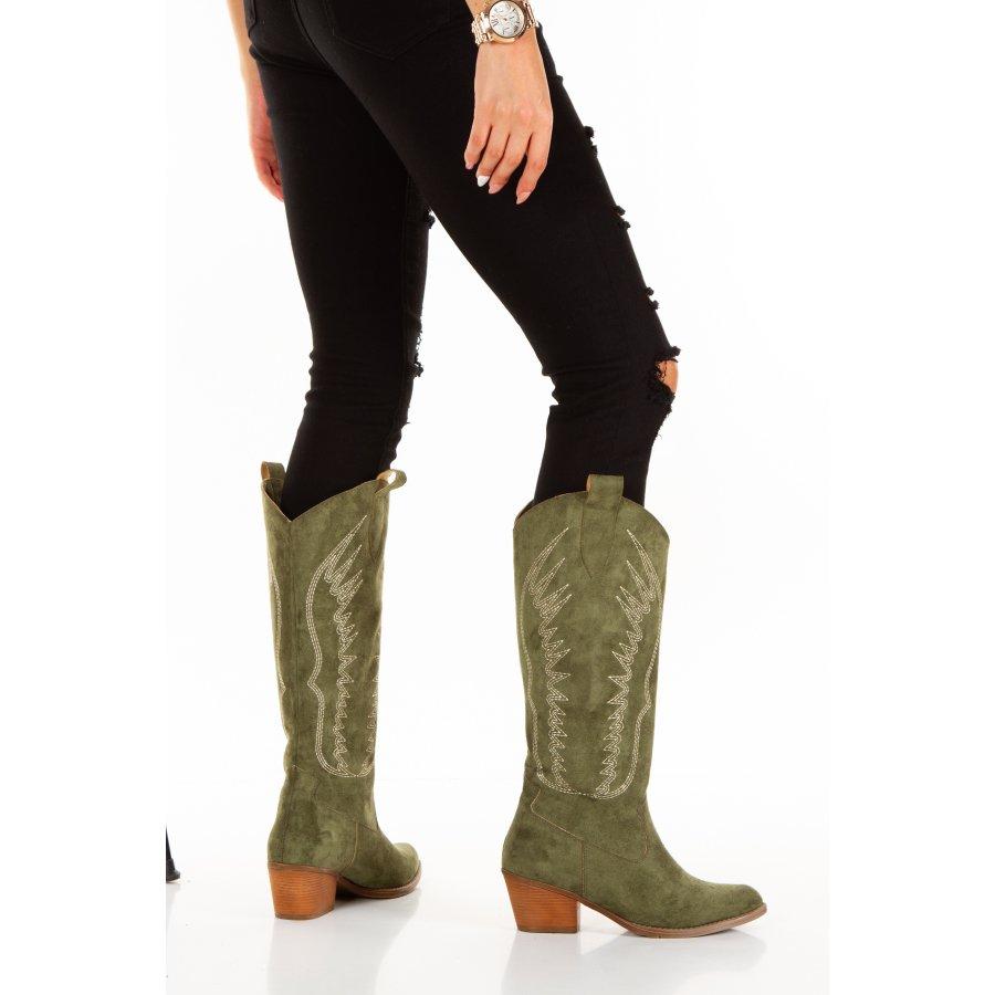 Женские замшевые высокие сапоги в западном стиле на низком каблуке